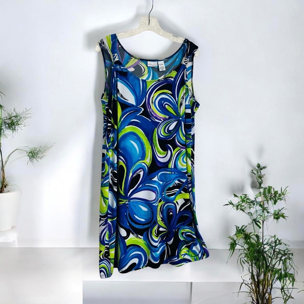 Kim Rogers Dress‎ Sz L Blue Green Multi Floral Swirl Scoop Neck Dress Sleeveless